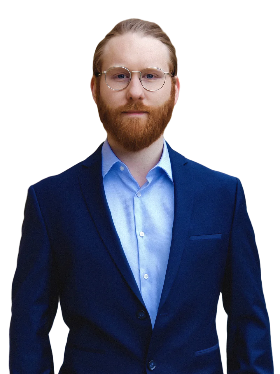 Michael Röther: rotblonder Vollbart, runde Brille, dunkelblauer Anzug und hellblaues Hemd